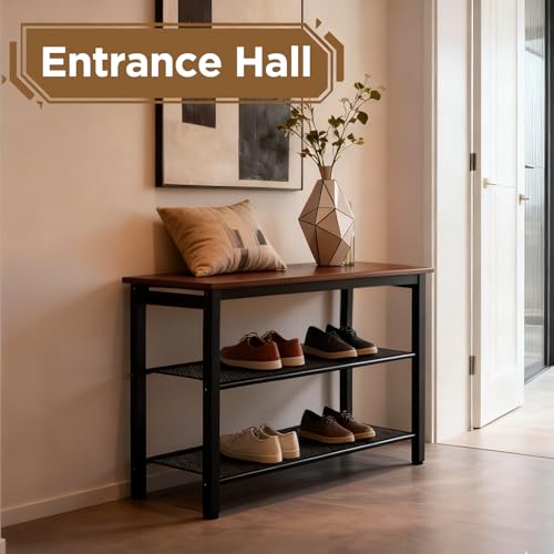 3-Tier Shoe Rack Bench, Hardwood & Alloy Steal Entryway Storage Organizer for Front Door Entrance, Bedroom, Living Room, 300lb Capacity (3-Tier Shoe Bench (Metal Mesh)) - size: 3-Tier Shoe Bench (Metal Mesh)