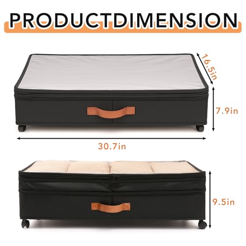 AVOKIHI 2 Pack Under Bed Storage with Wheels (Adjustable Height 7.9"-9.5"), 75L Rolling Underbed Storage Containers, Collapsible Metal Frame & Washable Fabric Drawer for Clothes, Shoes, Blankets