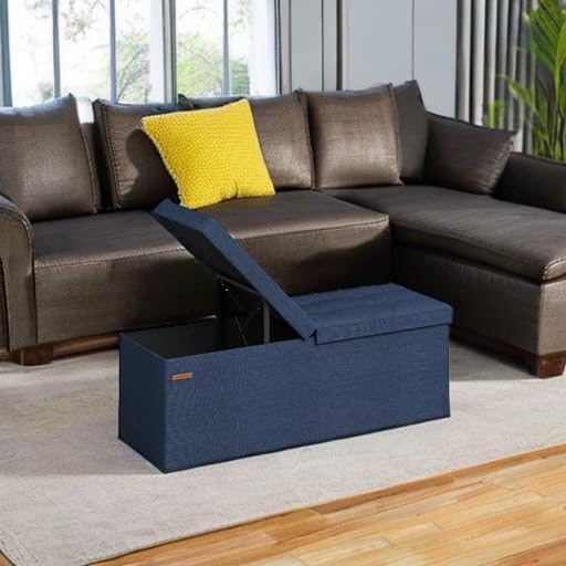 SONGMICS Mazie Collection - 43 Inches Storage Ottoman, Foldable Storage Bench with Flipping Lid, 660 lb Load Capacity, for Entryway, Living Room, Bedroom, Midnight Blue ULSF076Q02 - color: Midnight Blue, size: 15"D x 43"W x 15"H