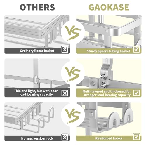 GAOKASE Aluminum Shower Caddy Hanging, Never Rust Shower Organizer- 4 Levels with adjustable Height 10 Hooks for Razor/Sponge - Rack with Soap Basket (Silver) - color: Silver