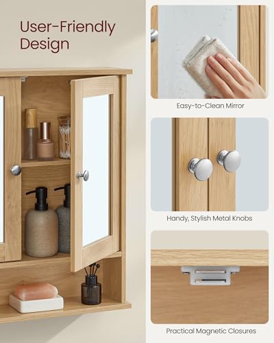 VASAGLE Bathroom Cabinet with Mirror, Wall Cabinet with 2 Mirrored Doors, Adjustable Shelf, Open Compartment, Wall-Mounted, 5.1 x 22.2 x 23 Inches, Natural Oak ULHC003Y01 - color: Natural Oak, size: 5.1"D x 22.2"W x 23"H
