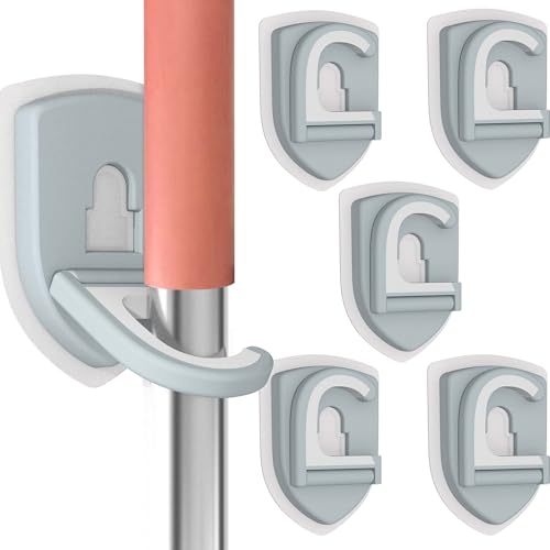 Broom Holder Wall Mount Self Adhesive, Broom and Mop Organizer Wall Hanging, No Drilling Anti-Slip Broom Hook Over Door for Home, Kitchen, Garden, Garage Storage (5-Pack, Stone Blue) - color: Stone Blue, size: 5 Pieces