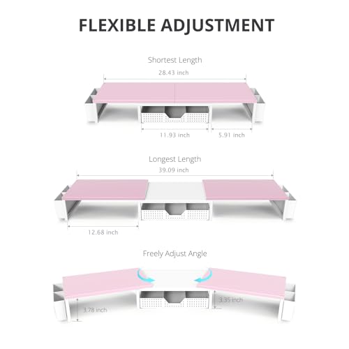 OPNICE Desk Organizers and Accessories, Dual Monitor Stand Riser with Drawer and 2 Pen Holders, Desk Shelf Wood Computer Racks for Office Workspace Organizers, Desktop Organization (Pink-White Wood) - color: Pink-White Wood, size: With drawer and pen hold