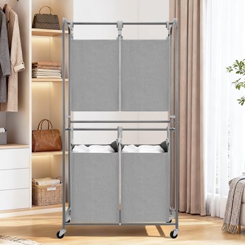 STORAGE MANIAC 4 Section Vertical Laundry Hamper, 2 Tier Laundry Sorter with 4 Removable Tote Bags, Rolling Clothes Basket for Towels, Blankets, Tall Dirty Clothes Hamper for Closet, Bathroom, 4 Bags - size: 4 Section