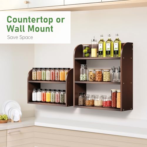 ROMGUAR CRAFT 2 Tier Bamboo Spice Rack, Countertop or Wall Mounting Wood Spice Jars Organizer Shelf for Kitche, Pantry (Brown) - color: Brown, size: 2 Tier