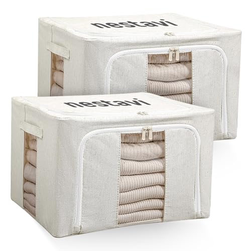 24L Pack Of Two Clothes Storage Bin, Foldable Blanket Storage Bags with Zippers, Under Bed Storage Box, Clear Window and Reinforced Handles, Bed Sheets Storage Box