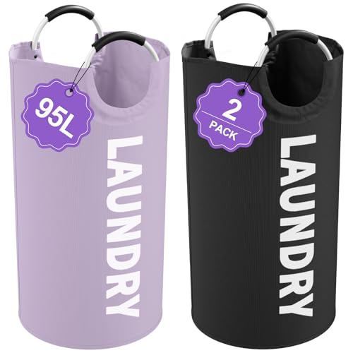 Set of 2 Collapsible Laundry Baskets with Aluminum Handles, 95L Large Laundry Baskets in 600D Oxford Fabric, Portable Dirty Clothes Hampers for Bedroom, Travel, Black + Purple - color: Black + Purple, size: L-95L