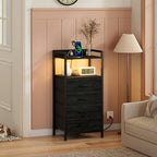 Furnulem Night Stand with Charging Station, Black Nightstand with Drawers and Led Light, Tall Dresser for Bedroom, Bedside Table with Fabric Storage Bins, Metal Frame, Wood Furniture - color: Black Oak, style: 4 Drawer