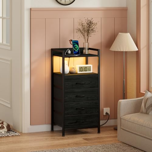 Furnulem Night Stand with Charging Station, Black Nightstand with Drawers and Led Light, Tall Dresser for Bedroom, Bedside Table with Fabric Storage Bins, Metal Frame, Wood Furniture - color: Black Oak, style: 4 Drawer