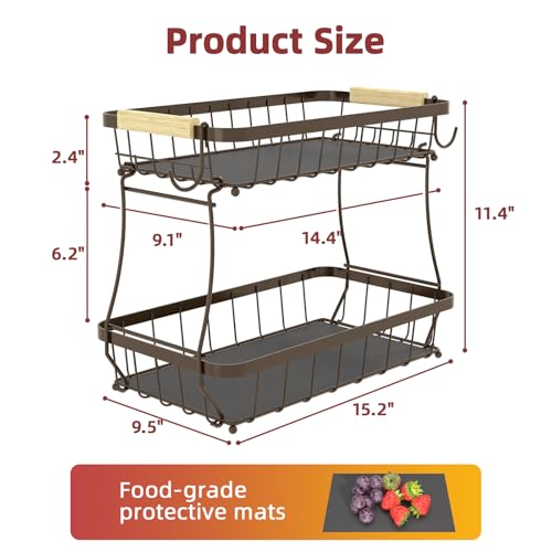 Sevenblue 2 Tier Large Fruit Basket for Kitchen Counter with 2 Mobile Banana Hangers, 2026 Pro Detachable Metal Fruit Bowl with Wooden Handle (Brown, 2 Tier Extra Large) - color: Brown, size: 2 Tier Extra Large