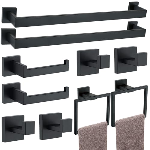 10 Pieces Bathroom Hardware Accessories Set Black, 24Inch Bathroom Towel Rack Set SUS304 Stainless Steel, Square Bath Towel bar Set Heavy Duty, Wall Mounted - color: Matte Black, size: 24" 10pcs