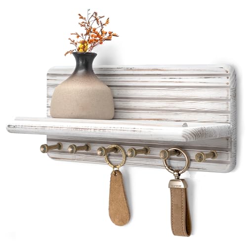 Rebee Vision Decorative Pine Wooden Key Holder Wall Mount for Apartment Essentials – Pine Wooden Key Holder for Wall with 6 Hooks & Floating Shelf – Modern Farmhouse House Decor (Whitewash) - color: Whitewash, size: Medium-11inch