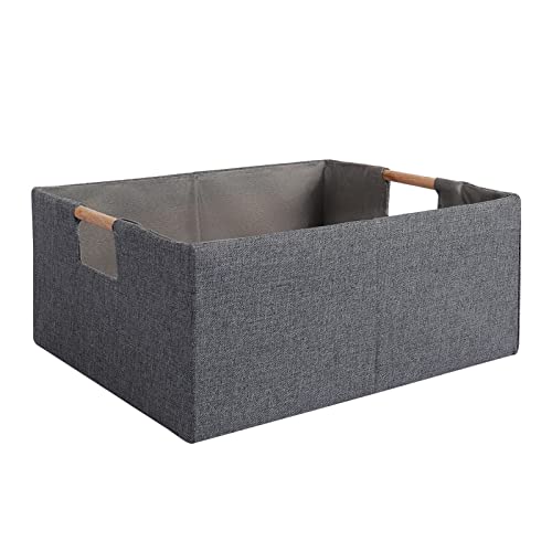 Fabric Storage Bin Box Foldable Cotton Linen Storage Basket with Wooden Handles Rectangular Cube Decorative Home Laundry Organizer Clothes Blanket Container - Grey, Small - color: Grey, size: Small