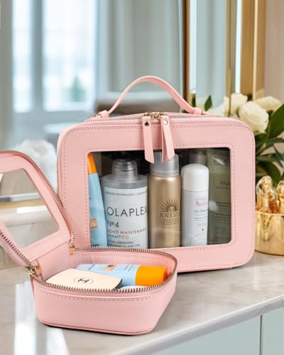 LETGO Clear Makeup Bags Set - TSA Approved Toiletry Bag with Handle Large Opening, Clear Toiletry Bags Case Pouch for Traveling Travel Car Orangizer Storage Essentials (Mini+Large Pink) - color: 0-Large+Mini-Pink