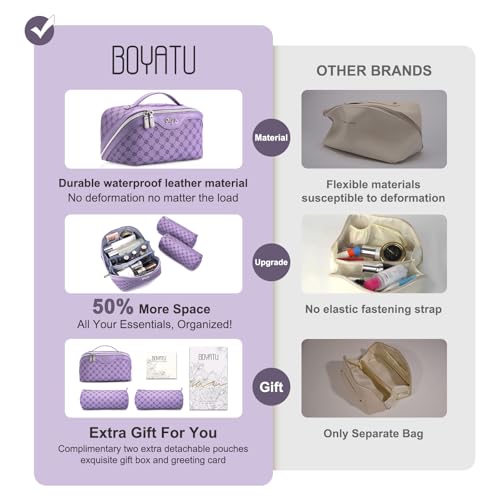 BOYATU Travel Makeup Bag Cosmetic Bags for Women: 3 Pcs Set Large Capacity Make up Bag with Handle - Vegan Leather Toiletry Bags with Compartments - Makeup Organizer for Travel Essentials(A-9-Purple) - color: A-9-Purple