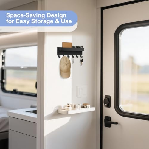 RELBRO Magnetic Key Holder for Fridge, Metal Wall Mount Key Rack with Shelf, 6 Hooks, 2 Installation Options, Black - color: Black