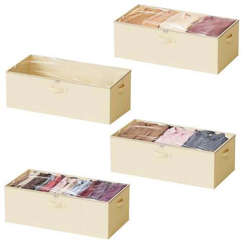SpaceAid 4 Pack 10" High Under Bed Storage Containers, Large Underbed Storage Organizer Bins with Lids for Bedroom, Dorm, Clothes, Closet Organization, Bed Sheets and Blankets (Beige) - color: Beige