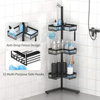 KEGII Standing Shower Caddy Corner, 3 Tier Adjustable Shelves Rustproof Floor Shower Organizer with 18 Hooks and Adjustable Feet, Bathroom Corner Shelf Rack, Black