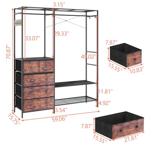Auromie Heavy Duty Clothes Rack with 5 Drawers & 4 Storage Shelves, 70.9Hx59.1W Clothing Rack with 2 Hanging Rods, Wardrobe Closet Racks with 5 Hooks, Freestanding Garment Racks (Rustic Brown) - color: Rustic Brown