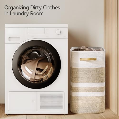 Nunsino Laundry Hamper,Laundry Basket with Leather Handles,Woven Storage Basket for Toys,Pillows,Blankets,Clothes,Brown&White - color: Brown&White, size: 65 L