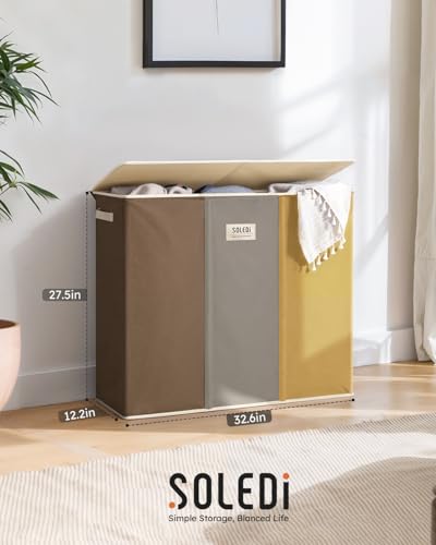 SOLEDI 180L 3-Section Laundry Hamper with Lid, Extra Large Dirty Clothes Basket with Sturdy Handles for Laundry Room & Bedroom - Durable Organizer for Sorting Laundry - color: Brown/Grey/Yellow, size: 180L