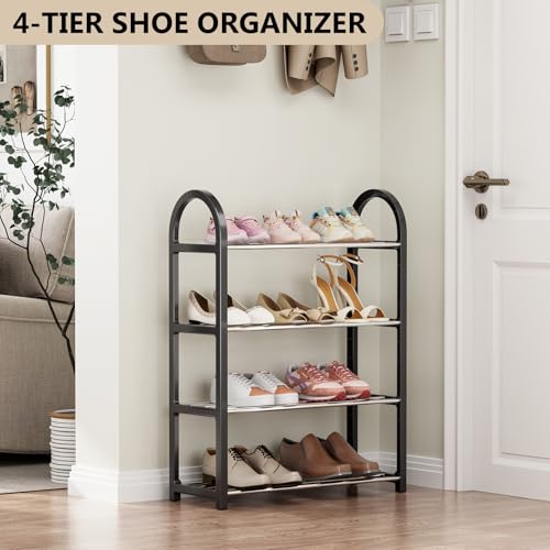 APEXCHASER 4-Tier Metal Shoe Rack, Small Shoe Organizer for Entryway & Closet, Free-Standing Adjustable Shoe Storage Shelf, Space-Saving Shoe Rack Closet, 19.29" D x 7.28" W x 25.59" H, Black