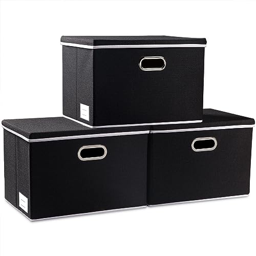 PRANDOM Extra Large Collapsible Storage Bins with Lids [3-Pack] Linen Fabric Foldable Storage Baskets Boxes Organizer Containers Cube with Cover for Bedroom Closet Office Nursery (22.8x15.7x13.8) - color: Black, size: XXL (3-Pack)