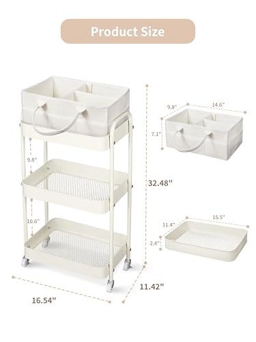 Fortella Baby Diaper Caddy, 3 Tier Rolling Storage Cart for Baby Essentials, Diaper Cart with Detachable Dividers, Storage Organizer & Baby Bottle Organizer for Bedroom, Living Room (Beige)