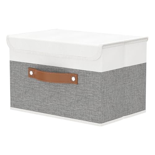 OUTBROS Collapsible Storage Cubes with Lid, Linen Fabric Wardrobe Baskets, Large Box For Towels, Clothes, 15 x 9.8 x 9.8 inch (White/Grey, 1-Pack) - color: White/Grey, size: 15x9.8x9.8in(1-pack)