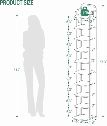 Hzuaneri 10 Tiers Vertical Shoe Rack, Narrow Shoe Tower, Tall Shoes Shelf with 2 Hooks, Adjustable Shelves, Corner Shoes Shelves for Small Spaces, Entryway, Living Room, White Gold SR11213A - color: White Gold, size: 10 Tier(11.8"D x 10.4"W x 67.3"H)