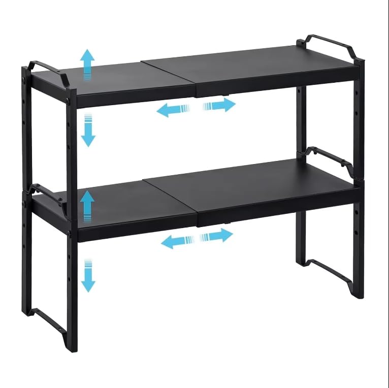 DABOS Expandable Kitchen Countertop Shelf Organizer, Black, Adjustable Height and Length, Metal Steel, 2-Pack