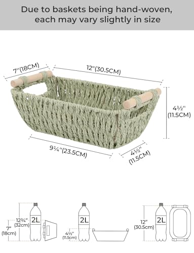 StorageWorks Round Paper Rope Woven Basket with Wooden Handles for Gifts, Small Woven Baskets for Shelf, Bosana Green, 2-Pack - color: Bosana Green, size: Small