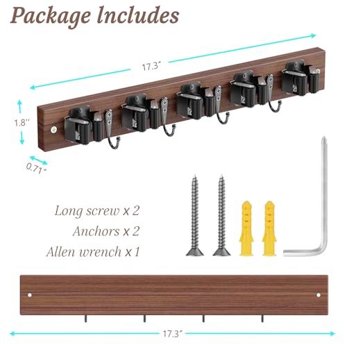 Broom Holder Wall Mount, Rustic Wood Broom Hanger with 5 Racks and 4 Hooks, Laundry Room Organization and Storage, Mop Holder for Home Decor, Garden, Garage, Kitchen, Closet (Black walnut Wood) - color: Black walnut Wood