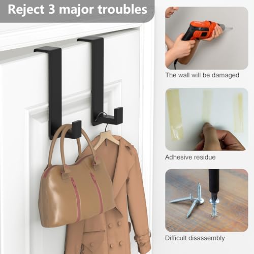 HUFEEOH Over The Door Hooks 2-Pack, Heavy Stainless Steel Coat & Towel Rack, No Drilling Scratch-Free Over Door Hanger Dorm Essentials Bathroom Accessories, Fits 1-3/4" Doors (Black) (L Shape) - color: Black, size: Fits 1-3/4" Thick Door - "L" Shape 2 Pac