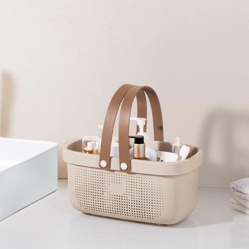 JiatuA Plastic Storage Basket with Handle Portable Shower Caddy Tote Organizer Basket Bin for Bathroom Kitchen Dorm Room Bedroom, Beige - color: Beige, size: Large