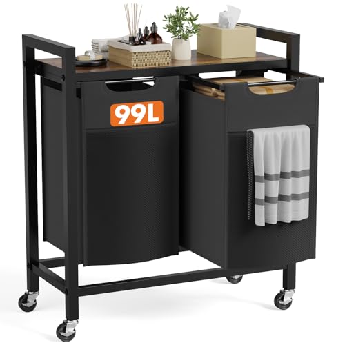 DUMOS Laundry Sorter 2 Section, 2 × 13.1Gal (99L) Rolling Laundry Basket with Pull-Out Removable Bags & Movable Wheels,Clothes Separator Hamper Cart for Laundry Room, Bathroom and Bedroom Organizer - size: 2 × 13.1 Gal (99L)