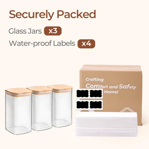 ComSaf 1.4 Qt Glass Storage Containers with Lids, Glass Jars with Lids, Clear Food Storage Jar, Square Canister Set of 3, Pantry Organizers and Storage for Flour Oat Pasta Tea Cookie Coffee Bean - size: 1.4Qt*3