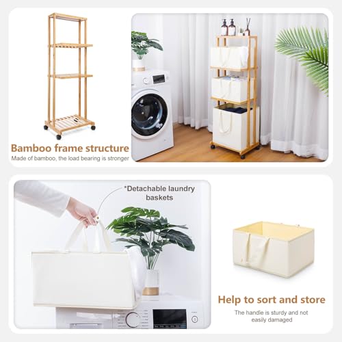 Homde Laundry Basket 3 Tier Bamboo Storage Shelf with Wheels Removable Container with Handle Freestanding Clothes Hamper Organizer for Bathroom Living Room Bedroom (Natural) - color: Natural