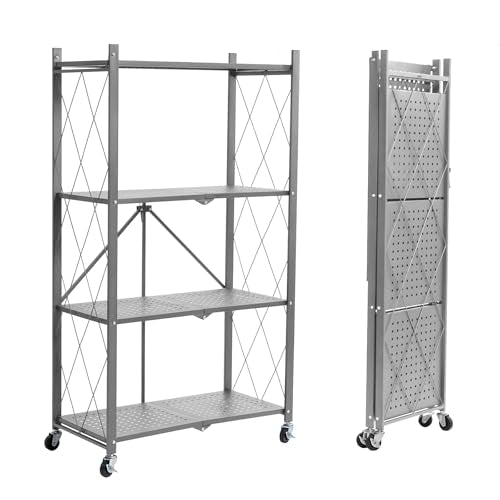 BRIAN & DANY 4-Tier Foldable Storage Shelves with Wheels, Folding Metal Rack Shelving Unit, Heavy Duty No Assembly Organizer Shelf for Garage, Kitchen, Basement, Pantry, Gray - color: Grey, size: 4-tier