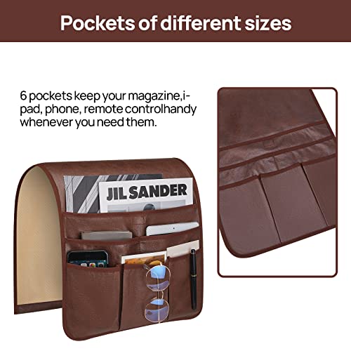Teniux Remote Control Holder Faux Leather Armrest Organizer with 6 Pockets for recliner couch sofa, Armchair Caddy for Smart Phone, Book, Magazines, Ipad, Remotes (Brown) - color: Brown