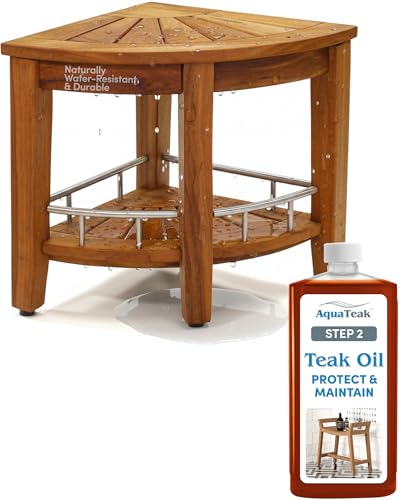AquaTeak Patented 15.5" Kai Stainless Corner Teak Shower Bench - Shower Stool with Storage Shelf & Premium Teak Oil - Durable Water Resistant Shower Chair - Shaving Foot Rest - Indoor & Outdoor Use - size: Stainless - Teak Oil, style: Corner Stool With Sh