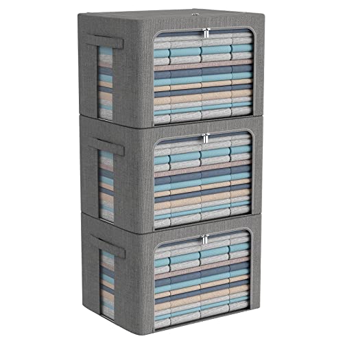 CYhom 3Pack Foldable Storage Bins - Frame Storage Box Linen Fabric Stackable Clothes Container Organizer with Clear Window & Carry Handles Large Capacity (Large-66L, Dark Gray) - color: Dark Gray, size: Large-66L