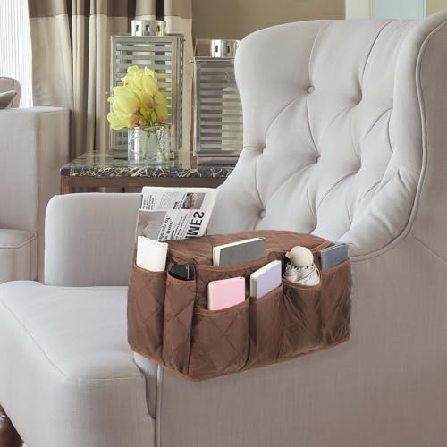 uxcell 2 Pcs Recliner Armchair Caddy, Couch Armrest Organizer with 14 Pockets for Bedside Sofa Remote Control Holder Magazine Phone Book Glasses (Brown, 20" x 7" x 9") - color: Brown
