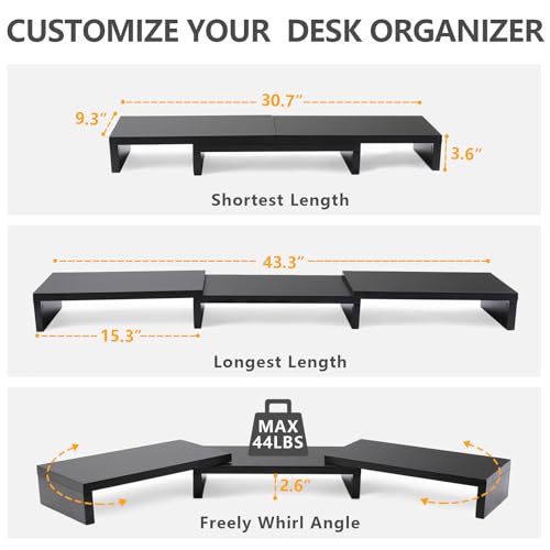 TAVR Dual Monitor Stand Riser Office Desktop Organizer Stand for 2 Monitors, Adjustable Length and Angle 3 Shelf, Extra Long Multifunctional Stand up to 43.3" fit Computer, Laptop, TV, Black - color: Black