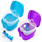 2 Pack Denture Case Dental Mouthguard Case, Denture Bath Box Cleaning with Brush, Strainer Basket and Lid Waterproof - Purple and Blue - color: Purple & Blue