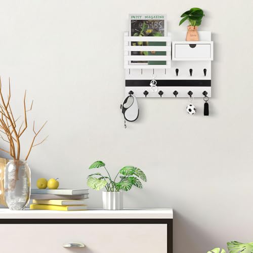 Nekon Key Holder Wall Mount, Rustic Mail and Keys Shelf for Wall Organization with 13 Hooks, Home Decor Accessory with Drawer, White - color: White
