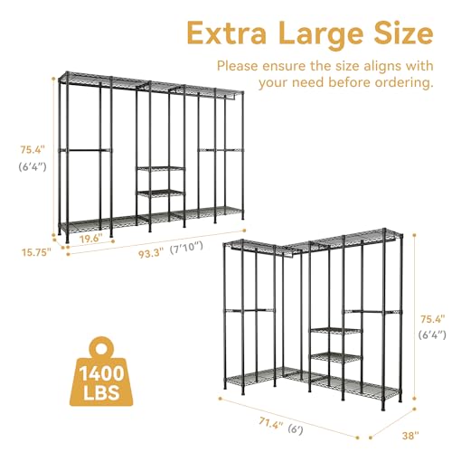 Higeego H5 Extra Large Wire Garment Rack, Heavy Duty Clothes Rack, Freestanding Clothing Rack for Hanging Clothes, Wardrobe Closet with Adjustable Shelf, 93.3" Wx15.7 Dx75.4 H, Black, Load 1400 lbs - color: Black