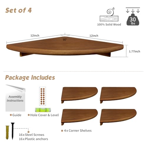 Forbena Corner Bookshelf Wall Mounted Set of 4, Wooden Floating Book Shelves for Nursery, Large Wall Shelving Unit for Living Room Bedroom Bathroom Kitchen Office Classroom Corner (Walnut Color) - color: 2. Walnut, size: 12" Depth