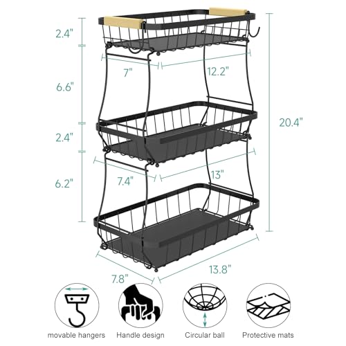 Sevenblue 3 Tier Fruit Basket for Kitchen Counter with 2 Mobile Banana Hangers, 2026 Pro Detachable Metal Fruit Bowl with Wooden Handle, Fruit Holder for Bread Snack Veggies with Protective Mats - color: Black, size: 3 Tier