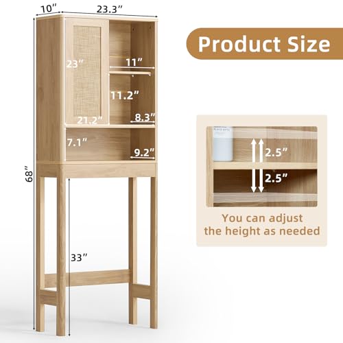 LEYAOYAO Over The Toilet Storage Cabinet with Rattan Sliding Door, 68" Tall Wood Above Toilet Bathroom Organizer w/Adjustable Shelf & Curved Profile, Space Saver Freestanding Washer Shelf, Natural - color: Natural, size: 10"D×23.3"W×68"H